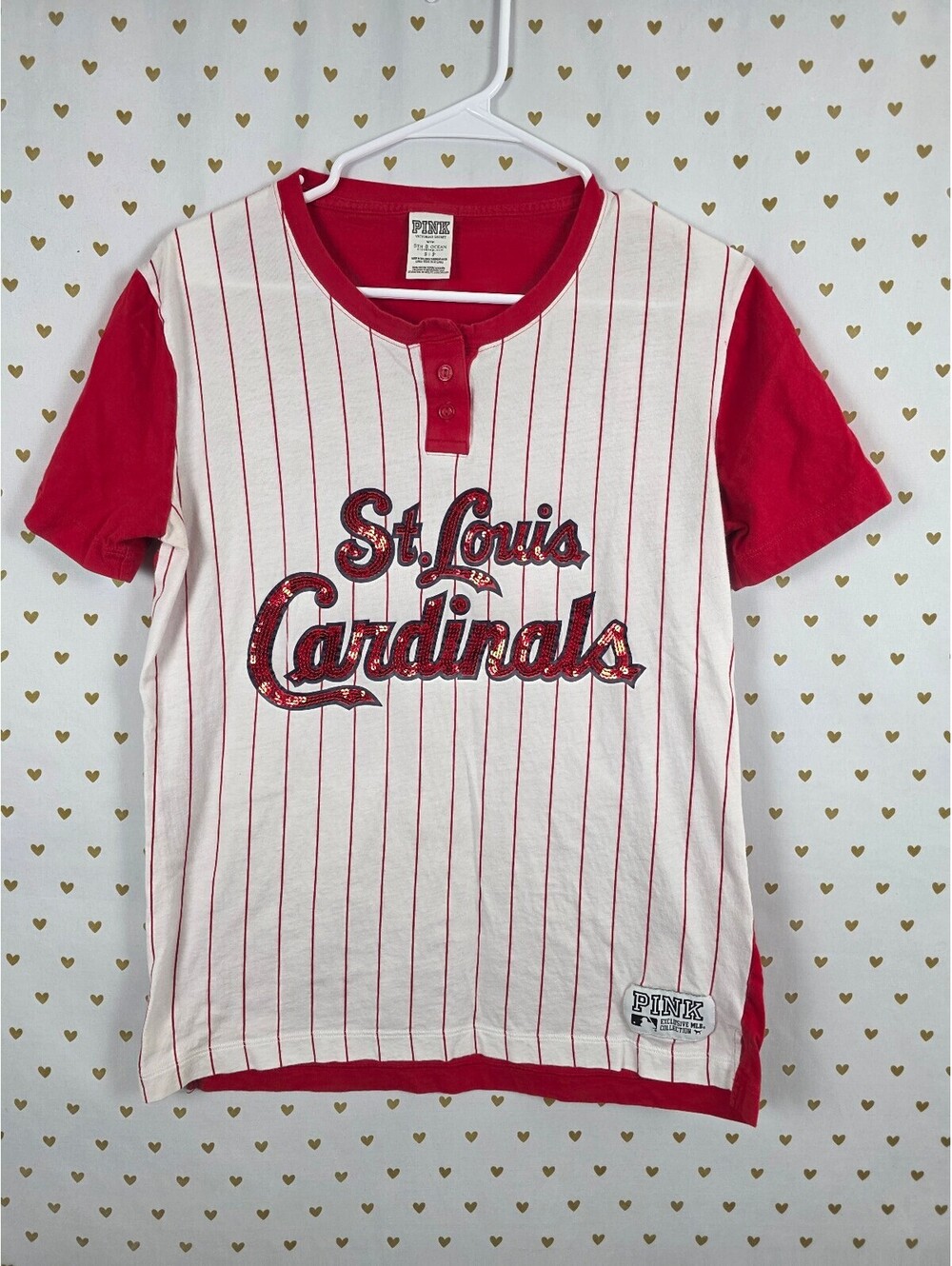 VS PINK St Louis Cardinals Shirt S MLB Sequin BLING Baseball Henley 5th Ocean
